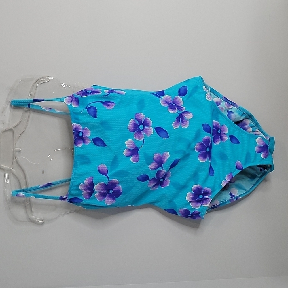 Sessa Turquoise blue & purple floral print one piece Swimsuit Strappy Back 14